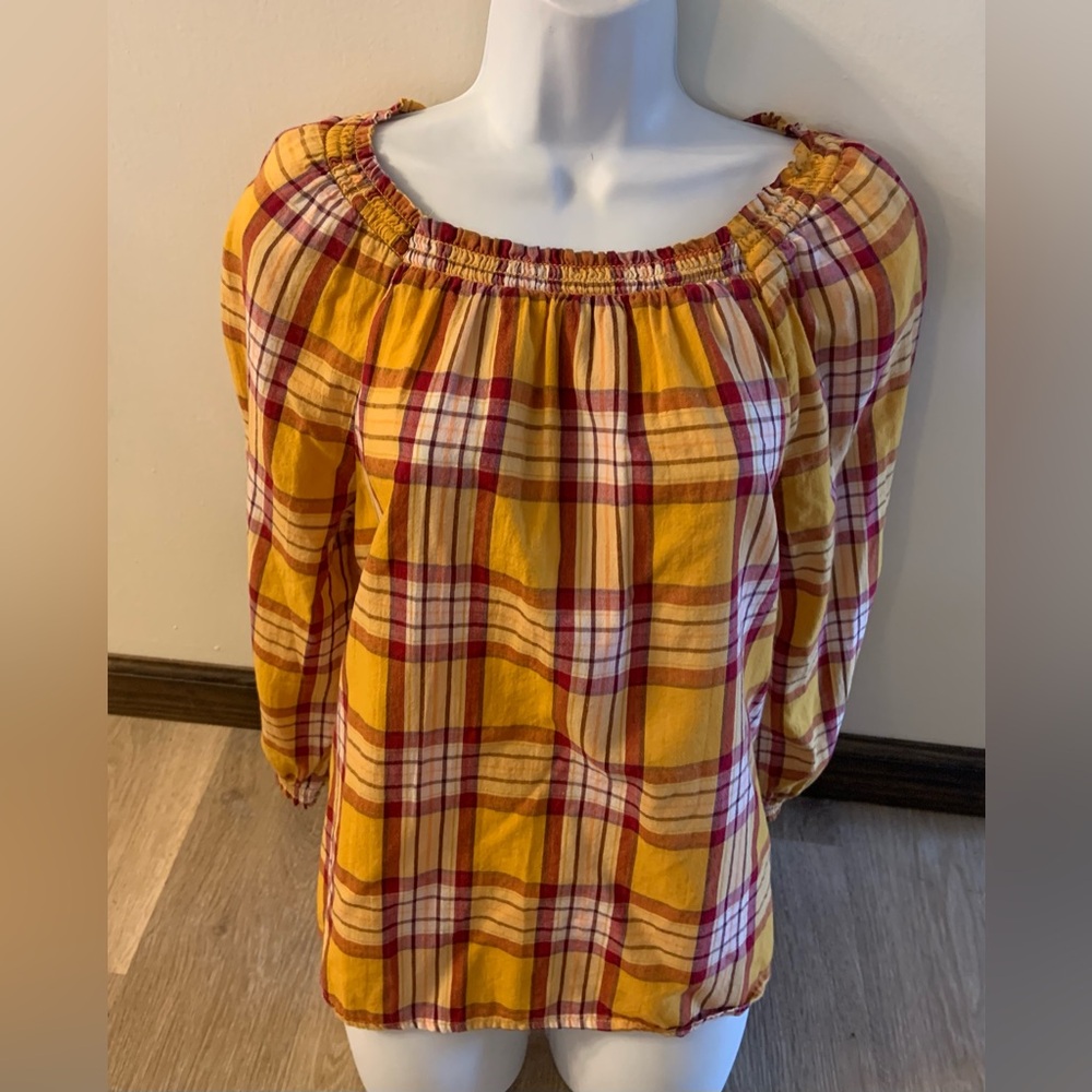 Old Navy Junior’s Size Medium Mustard & Cranberry Plaid Casual Cotton Blend Top